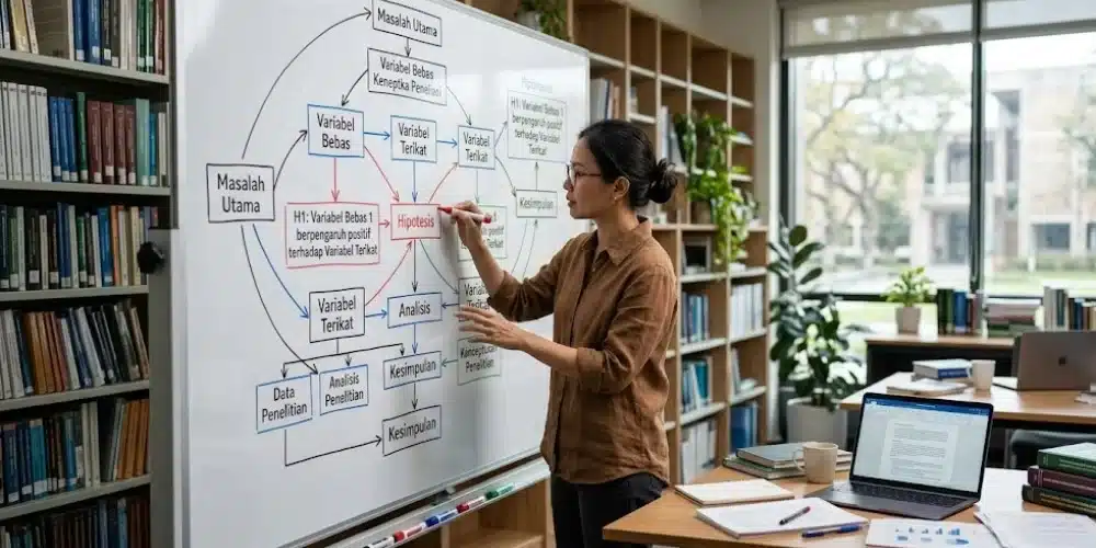 Mahasiswa menjelaskan alur kerangka berpikir penelitian menggunakan diagram hubungan variabel di papan tulis.