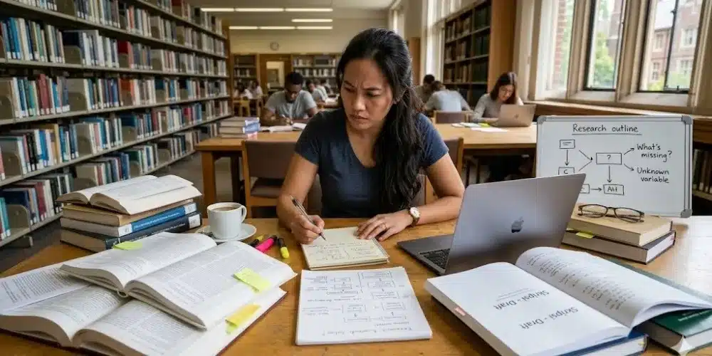 Mahasiswa mencari gap penelitian sambil membaca jurnal dan menyusun catatan skripsi di perpustakaan.