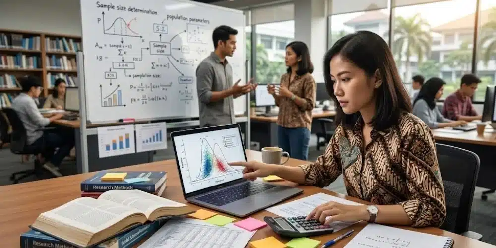 Mahasiswi menghitung jumlah sampel penelitian menggunakan data statistik dan grafik analisis di laptop.