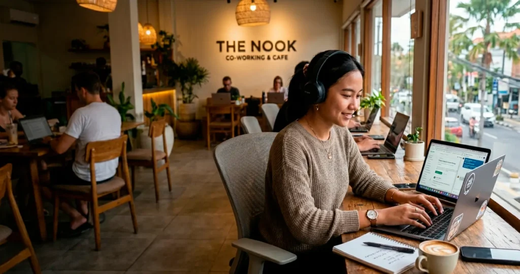 Wanita muda tersenyum bekerja dengan laptop di kafe coworking, mewakili lingkungan yang tepat memulai kerja remote.