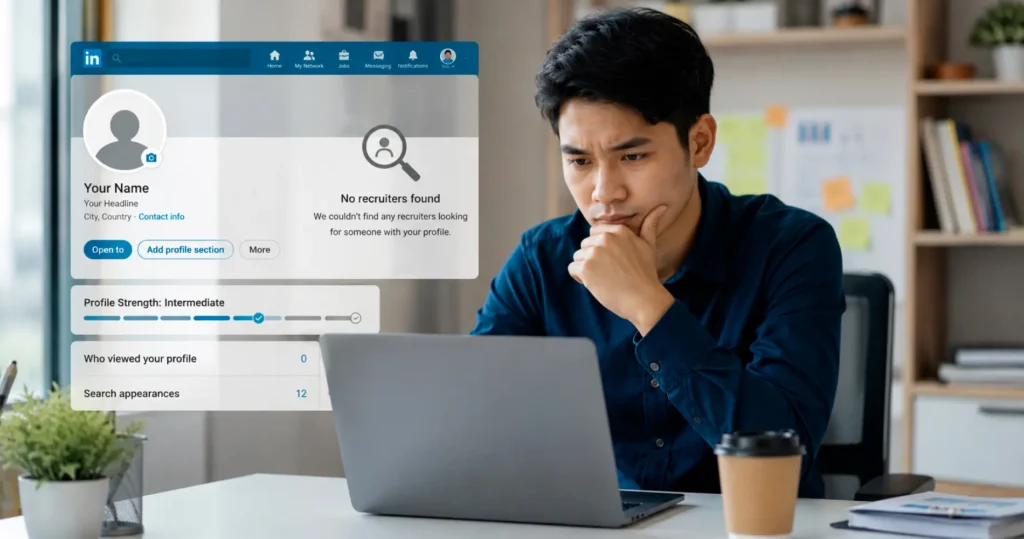 Person reviewing LinkedIn profile on laptop, checking why recruiters are not finding the profile.