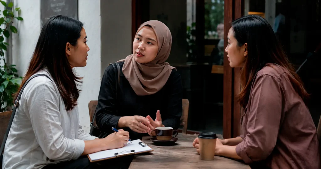 Tiga orang berdiskusi untuk menemukan responden baru melalui rekomendasi peserta dalam snowball sampling.