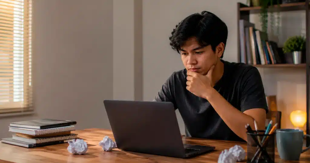 Freelancer pemula menatap laptop sambil memikirkan langkah awal untuk mulai mencari dan mengerjakan proyek.