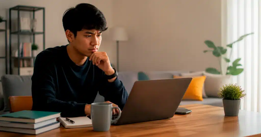 Fresh graduate mempertimbangkan membuat website portofolio sambil menyiapkan dokumen untuk mencari pekerjaan pertamanya.
