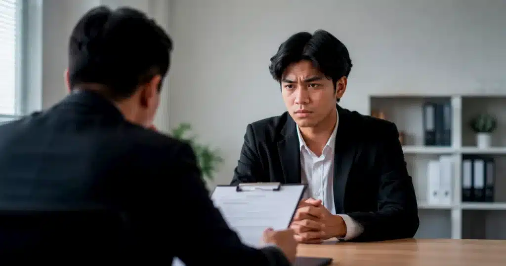 A young job candidate answers an interviewer with a serious expression, showing why memorized interview answers can reduce authentic communication.