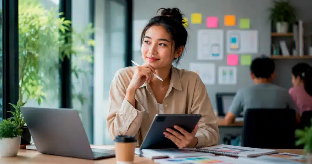 A young professional uses AI tools on a tablet, showing AI careers that rely on creativity and problem solving, not coding.