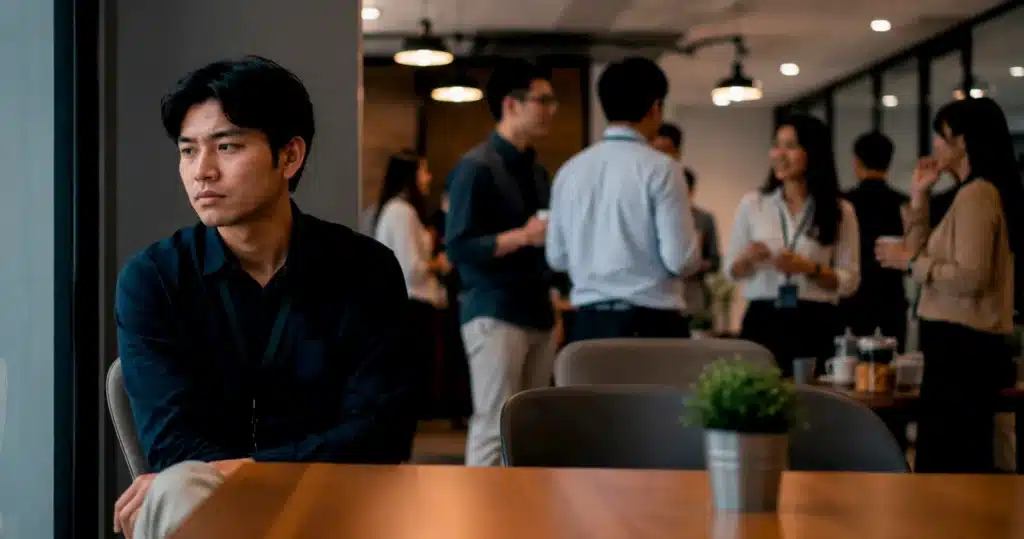 A young professional watches coworkers networking, showing that effective networking depends on approach, not personality.