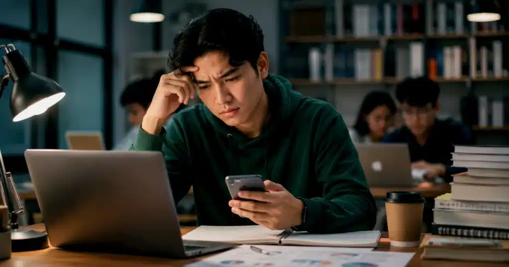 A university student uses a smartphone and laptop, showing the gap between technology use and digital literacy skills.