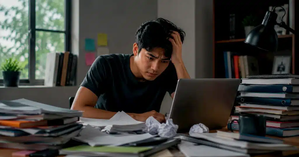 Seorang mahasiswa kebingungan menghadapi tumpukan file dan catatan, menunjukkan mengapa file kuliah kembali berantakan setelah awal semester.