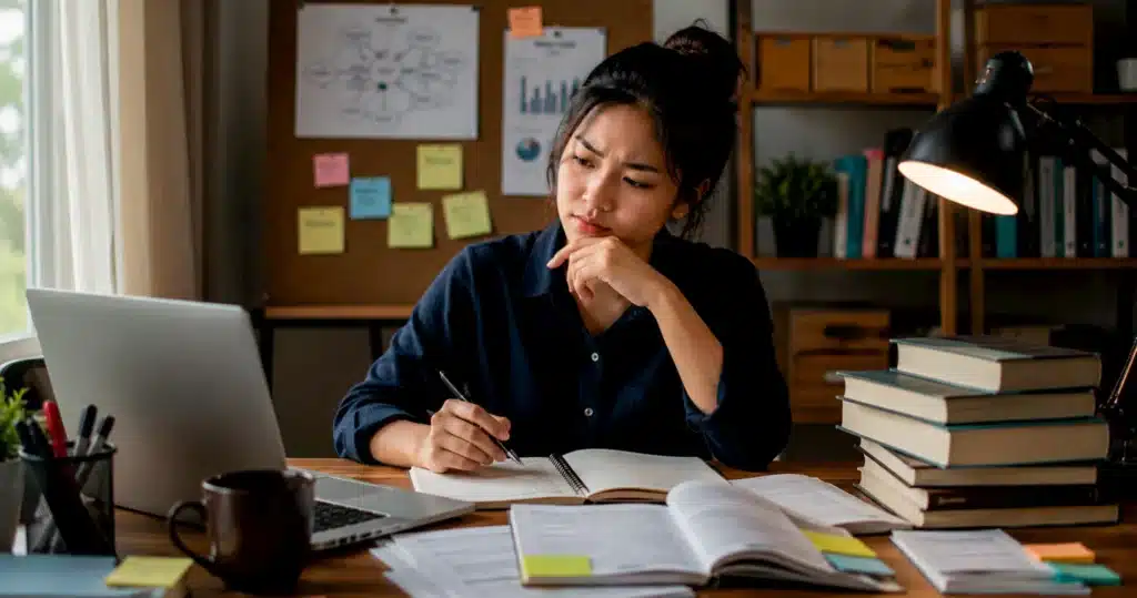 Mahasiswa mengatur referensi penelitian sambil memilih reference manager yang sesuai dengan kebutuhan dan cara menelitinya.