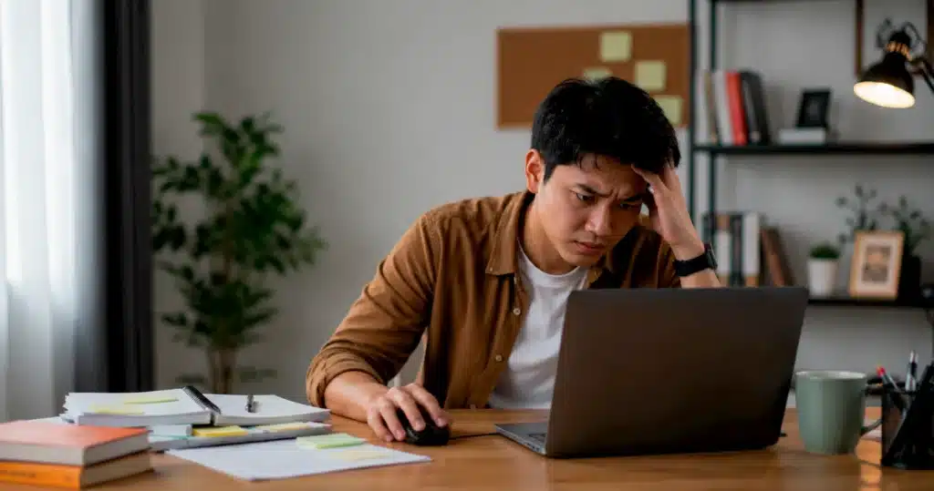 Seorang pekerja melihat laptop dengan bingung saat banyak tab browser membuat pekerjaan terasa tidak teratur.