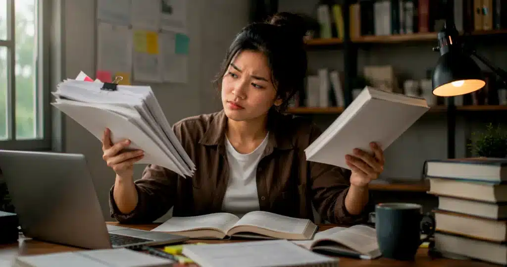 Mahasiswa membandingkan dua kumpulan referensi untuk memahami perbedaan narrative literature review dan systematic review.