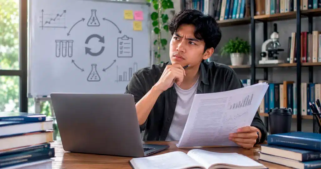 Peneliti muda meninjau hasil penelitian di laptop sambil mempertanyakan mengapa penelitian tersebut sulit diulang secara konsisten.