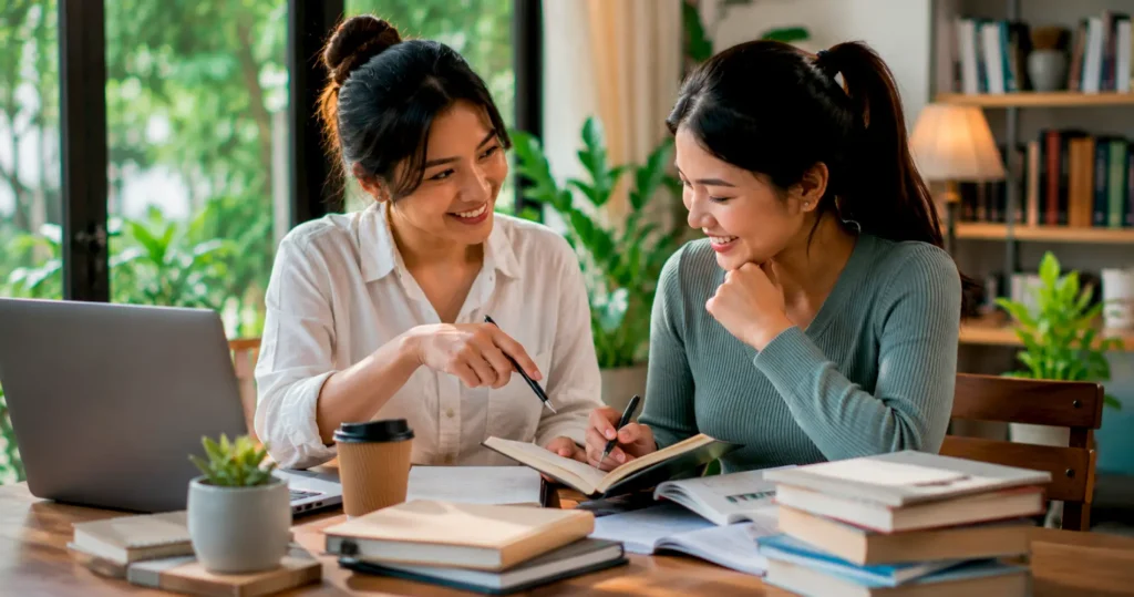 Dua mahasiswa berdiskusi tentang penelitian, dengan satu mahasiswa membantu menjelaskan materi dan lainnya mencatat.