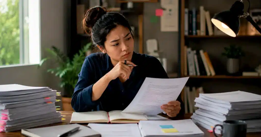 Mahasiswa meninjau naskah yang penuh koreksi untuk menentukan apakah membutuhkan editing atau proofreading sebelum disubmit.
