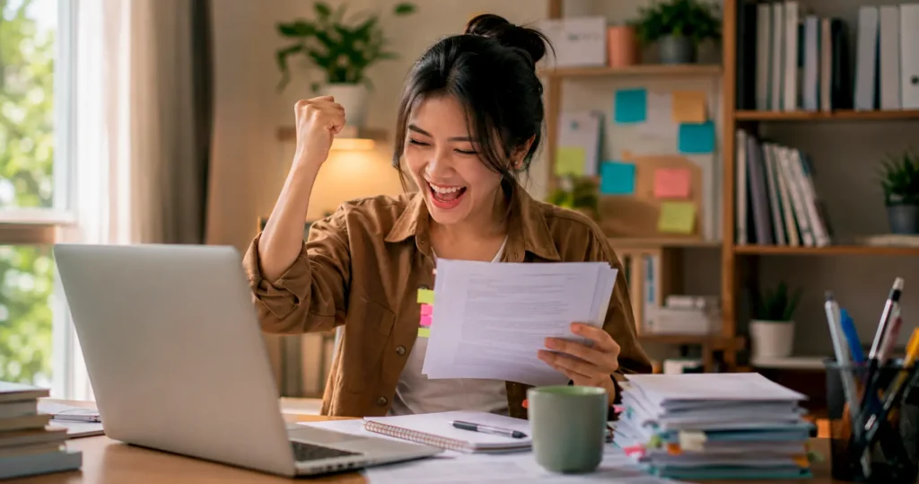 Penulis tersenyum sambil memeriksa naskah riset bertanda halaman di meja kerja dengan laptop dan dokumen pendukung.